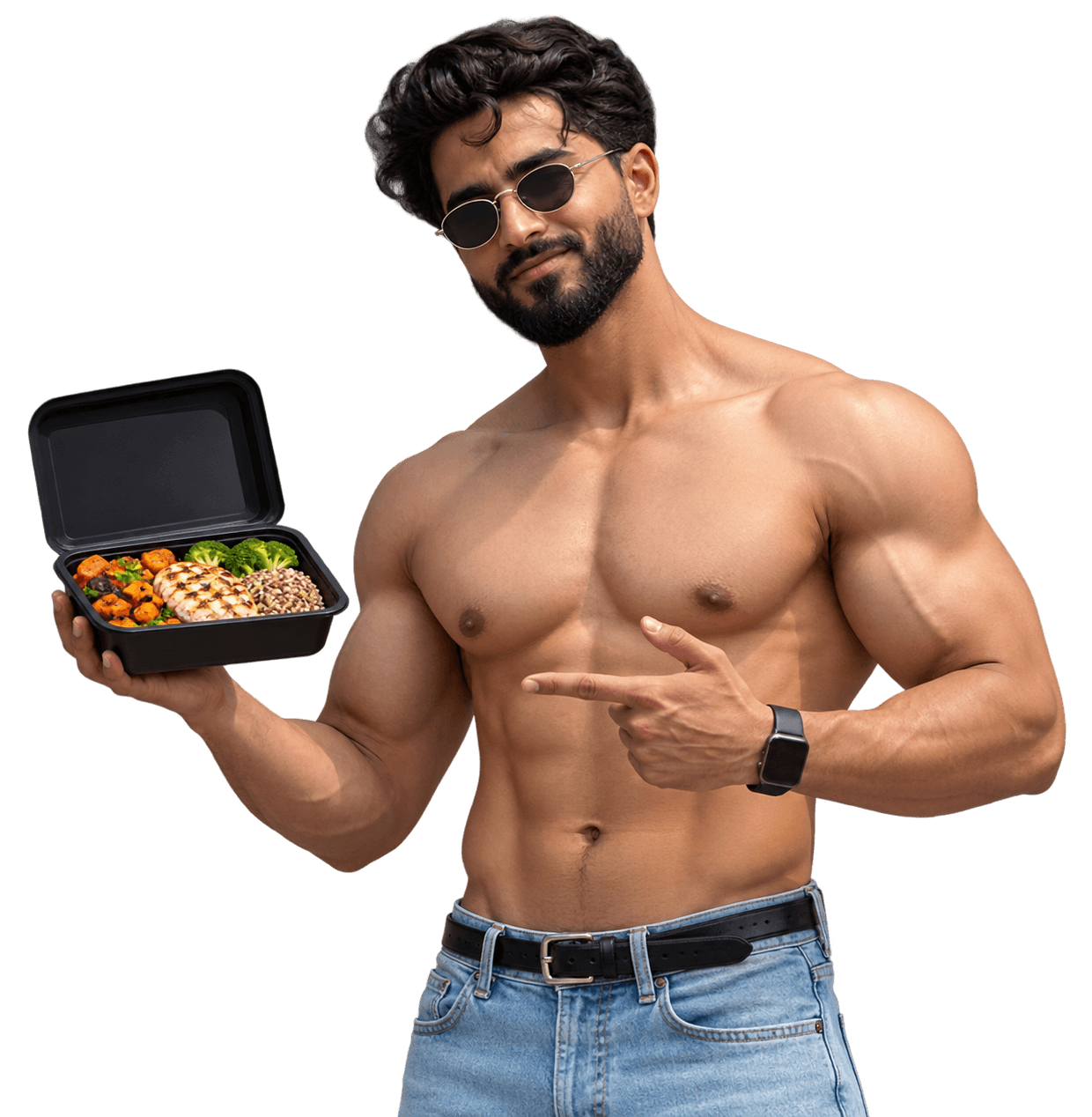 Athletic male athlete holding FuelBox meal container
